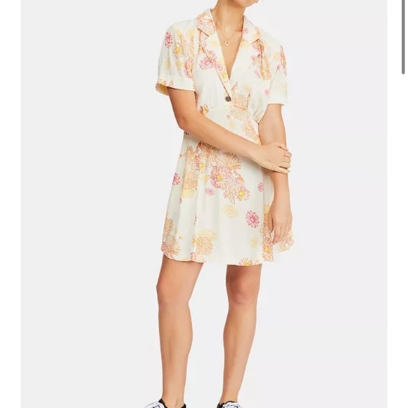 Free People Hawaii Dress Empire Waist Short Sleeve Mini Length Pink Yellow Cream - Picture 15 of 15